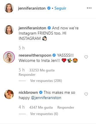 "¡Sí! ¡Bienvenida a Instagram Jen!", comentó Reese.