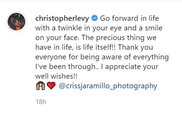 "
<b><a href="https://www.univision.com/famosos/que-dios-sane-a-christopher-william-levy-y-elizabeth-gutierrez-rompen-el-silencio-sobre-el-accidente-de-su-hijo-fotos" target="_blank">Gracias a todos por estar al tanto</a></b> de todo lo que he pasado... ¡Aprecio sus buenos deseos!", finalizó.
<br>