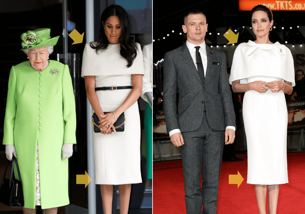 <b>CAPA CORTA: Angelina 2014 / Meghan 2018</b>
<br>En su primer evento a solas con la reina Isabel II, Meghan llevó un vestido de Clare Waight Keller para Givenchy apenas por debajo de la rodilla y con
<a href="https://www.univision.com/entretenimiento/leccion-aprendida-meghan-markle-se-tapa-los-hombros-para-su-evento-oficial-al-lado-de-la-reina-isabel-ii">una capa que le cubría los hombros</a> hasta arriba del codo. Al verla, recordamos el vestido de Ralph & Russo Couture usado por Angelina en 2014, en exactamente el mismo color, corte y estilo.
