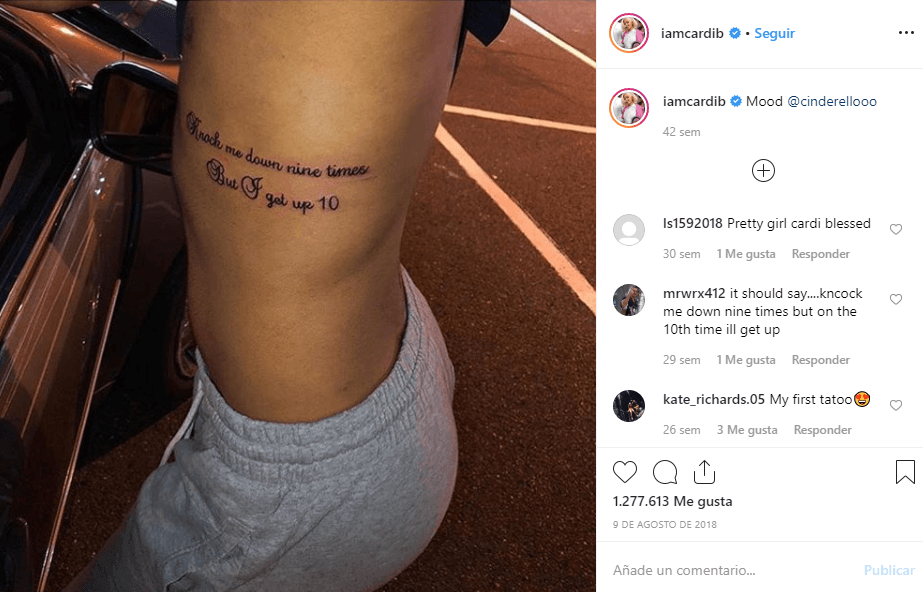 Aquí podemos ver a otro fanático de Cardi B, con la frase "Knock me down nine times. But I get up 10".