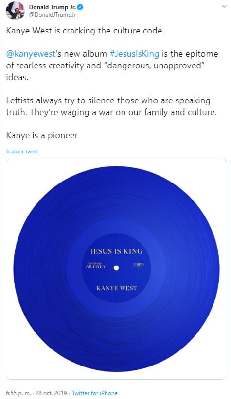 Donald Trump Jr., hijo del presidente de los Estados Unidos, hizo una publicación en su cuenta de Twitter, donde cataloga a Kanye como "un pionero" por su nuevo disco.
<br>