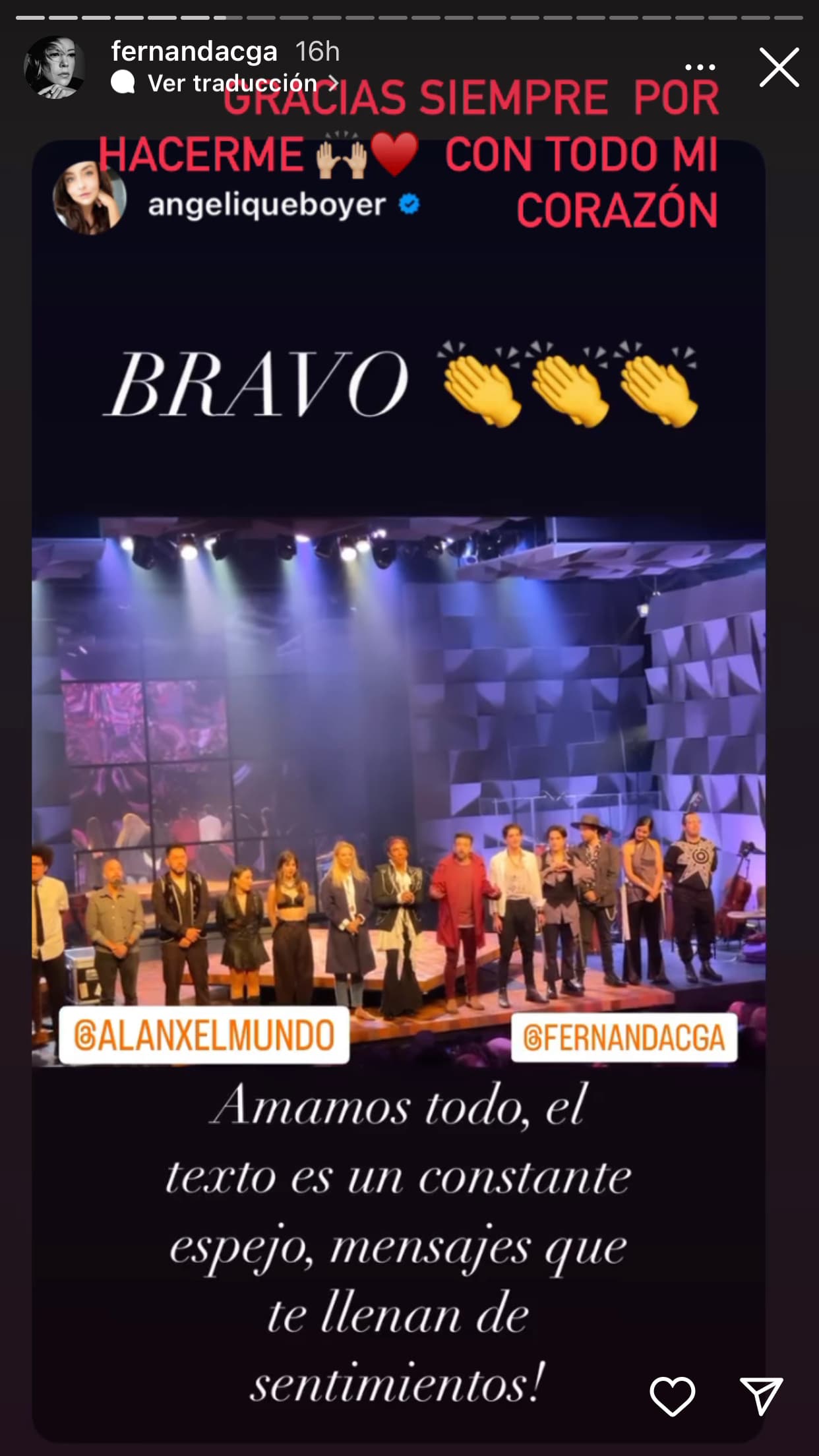 Fernanda Castillo replicó los halagos y comentarios de Angelique en sus historias de Instagram y agradeció el apoyo que la pareja le brindó en su actual proyecto.