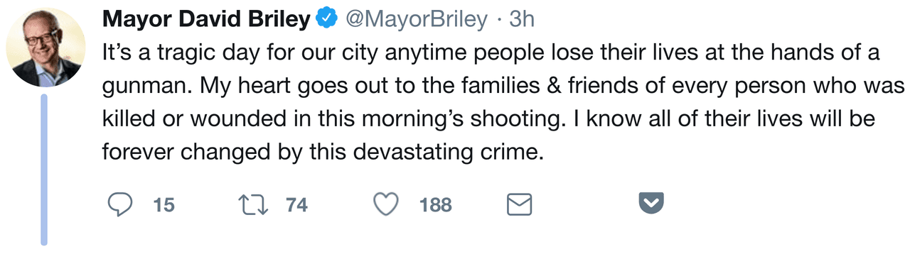 "Mi corazón está con las familias y amigos de cada persona que fue asesinada o herida en el tiroteo de esta mañana. Sé que todas sus vidas serán cambiadas para siempre por este crimen devastador", agregó.
<br>