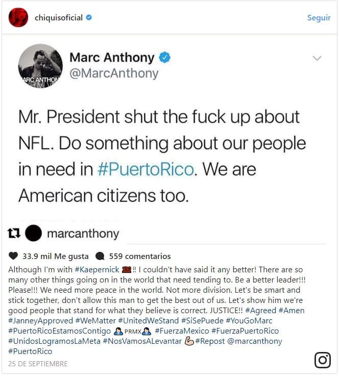 La cantante replicó el mensaje de Anthony, generando una ola de críticas en su contra.
<b> </b>"Si no les gusta lo que postreo, no me sigan", contestó en Instagram. "Amo a Marc Anthony, el no está pensando sobre su carrera sino en problemas reales", señaló.