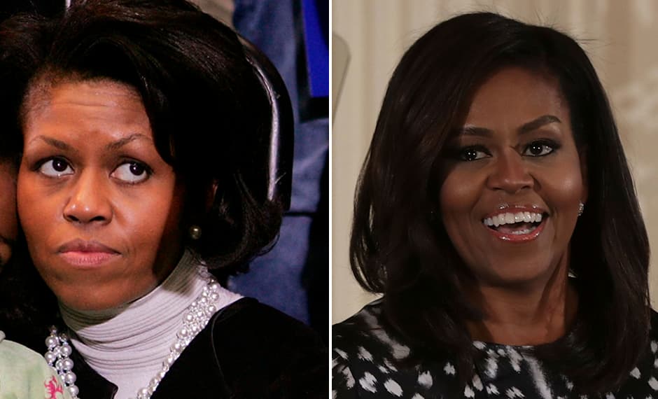Con esta evolución a lo largo de los años es que Michelle Obama nos dio unas cuantas lecciones de makeup. Atrás quedaron los días en los que se le veía sin gota de maquillaje:
<b>las pestañas postizas se convirtieron en el complemento perfecto de su mirada, las cejas delgadas desaparecieron dejando espacio a unas mucho más gruesas. y los labios con acabado brillante (no metálico) le añaden un <i>boost</i> a su rostro. </b>