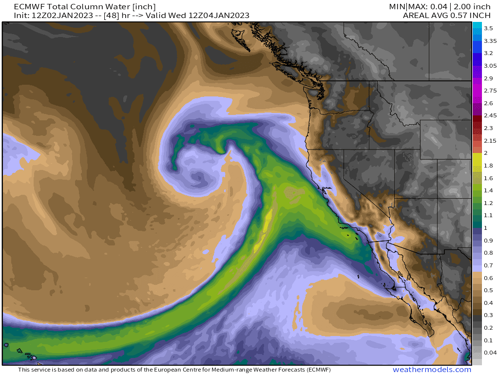 Una imagen del río atmosférico acercándose a California el martes.
