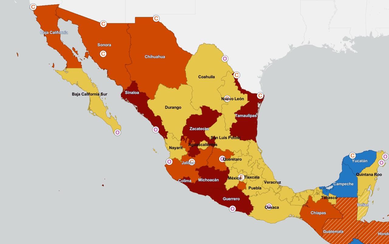 Niveles de advertencia para viajeros, emitidos por el Departamento de Estado en agosto de 2025, con recomendación de "no viajar" a Colima, Guerrero, Michoacán, Sinaloa, Tamaulipas y Zacatecas.
