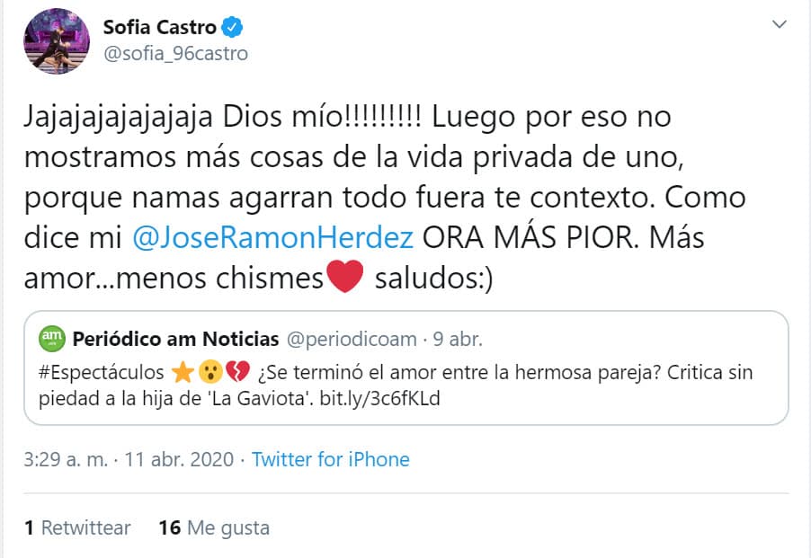 Más tarde compartió 
<b><a href="https://twitter.com/sofia_96castro/status/1248875822888312832" target="_blank">otra nota</a></b> periodística con el mismo tono y aclaró: "Ja ja ja ja ja ja ja ja, ¡Dios mío! Luego por eso 
<b><a href="https://www.univision.com/famosos/asi-fue-el-primer-beso-que-sofia-castro-compartio-con-su-nuevo-novio-pablo-bernot-video" target="_blank">no mostramos más cosas de la vida</a></b> privada de uno". 
<br>