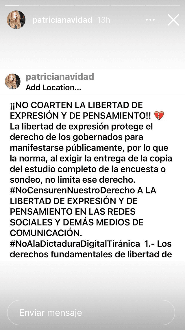 Acusó a las empresas de redes sociales de censurar a sus usuarios, por lo que pidió: "¡
<b><a href="https://www.instagram.com/p/CKAPk8UlRbP/" target="_blank">No coarten la libertad de expresión</a></b> y pensamiento!".
<br>