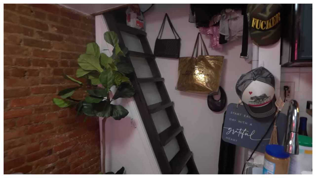 Esta escalera conduce a su "habitación", que es una cama pegada al techo de la casa y aprovecha la pared para colgar sus carteras y otras cosas.