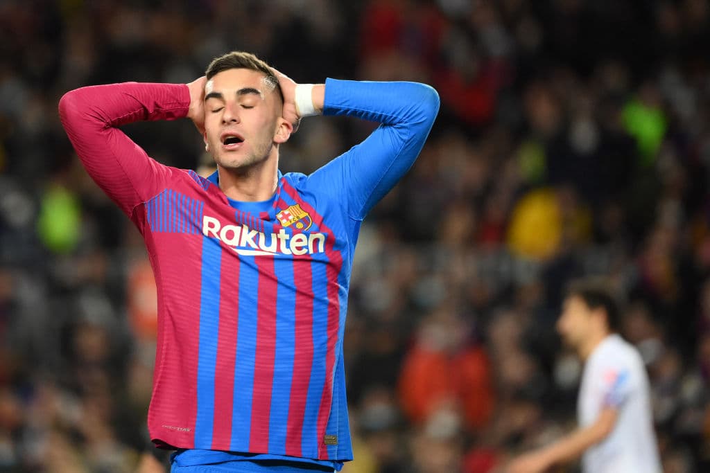 Barcelona's Spanish forward Ferran Torres reacts during the Spanish League football match between FC Barcelona and Sevilla FC at the Camp Nou stadium in Barcelona on April 3, 2022. (Photo by LLUIS GENE / AFP) (Photo by LLUIS GENE/AFP via Getty Images)