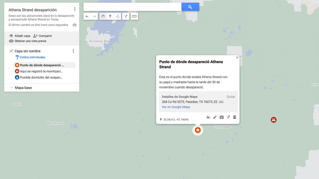 Tras varias entrevistas, Horner confesó dos lugares donde presuntamente había dejado el cuerpo de Athena. Hasta que les dijo de una dirección County Road 4668 Boyd, Wise. 
<a href="https://www.univision.com/local/dallas-kuvn/athena-strand-secuestro-nina-tanner-lynn-horner-vigilia-condado-wise">En ese punto Athena fue hallada en el agua. </a>