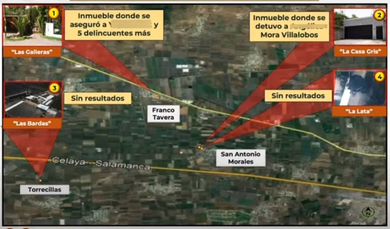 Mapa con la ubicación de las casas en Guanajuato, México, en las cuales se escondía José Antonio Yépez Ortiz, alias ‘El Marro’ y líder del Cartel de Santa Rosa de Lima.