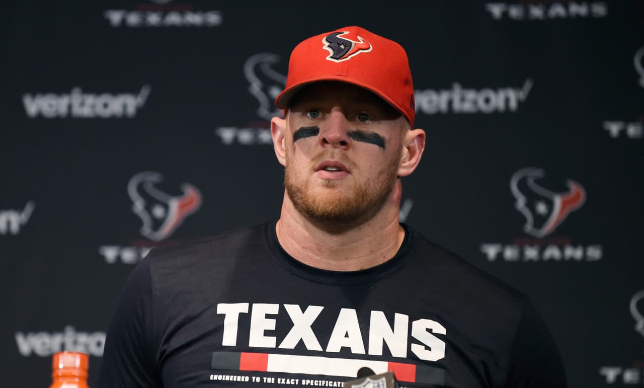 Houston Texans defensive end J.J. Watt (99) answers questions during a news conference following an NFL football game against the Jacksonville Jaguars Sunday, Sept. 10, 2017, in Houston. (AP Photo/Eric Christian Smith)