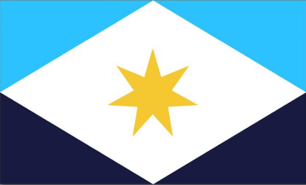 Una estrella de siete puntas en amarillo dorado está centrada en un diamante blanco, con triángulos en brillante azul celeste en la parte superior y triángulos azul marino en la parte inferior.