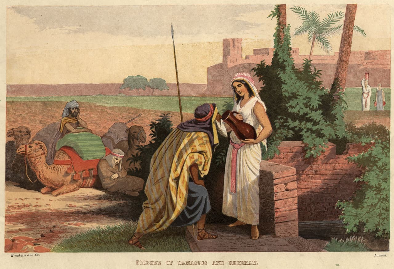 Abraham, el padre de Isaac, envía a uno de sus siervos a buscar entre sus parientes a una mujer que pudiera casarse con su hijo. Cuando el hombre se detuvo con sus diez camellos en un pozo, rogó a Dios una señal para descubrir a la esposa de Isaac y entonces apareció Rebeca, que le dio de beber a él y sus camellos. Cuando se conocieron, Isaac y Rebeca tuvieron el final de telenovela perfecto.