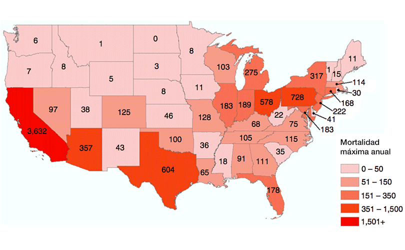 Mapa de mortalidad causada por la contaminación del aire en EEUU cada año.