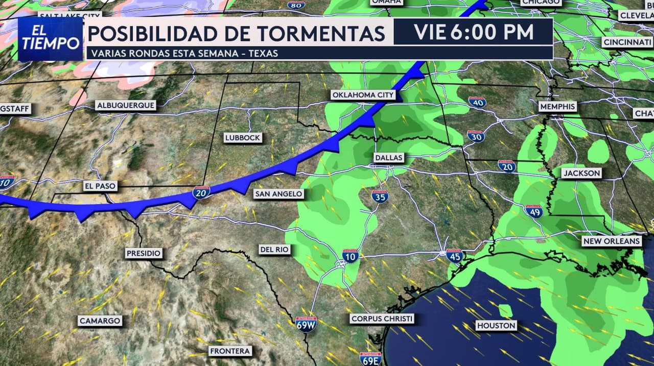 Una nueva ronda de tormentas 
<b>podría desarrollarse el viernes alrededor de las 6:00 pm en el norte de Texas. </b>
<br>El sistema avanzaría desde el oeste hacia el área de Dallas - Fort Worth, 
<b>con lluvias que podrían extenderse durante la noche y hacia la madrugada del sábado.</b> 
<br>La principal preocupación 
<b>sería la lluvia acumulada y la posibilidad de inundaciones,</b> especialmente si varias tormentas pasan por las mismas zonas. 
<br>El pronóstico puede ajustarse conforme avance la semana. 
<br>Se recomienda estar atento a las actualizaciones, sobre todo 
<b>desde la tarde del viernes y durante las primeras horas del sábado.</b>