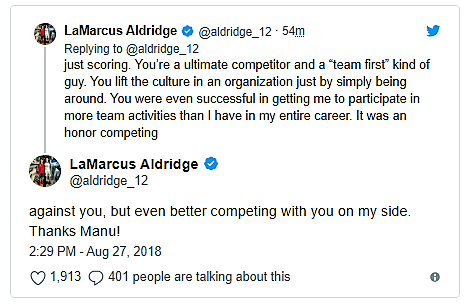 Y en el tercer y último tuit Aldridge le da las gracias a Manu por haber sido su compañero.