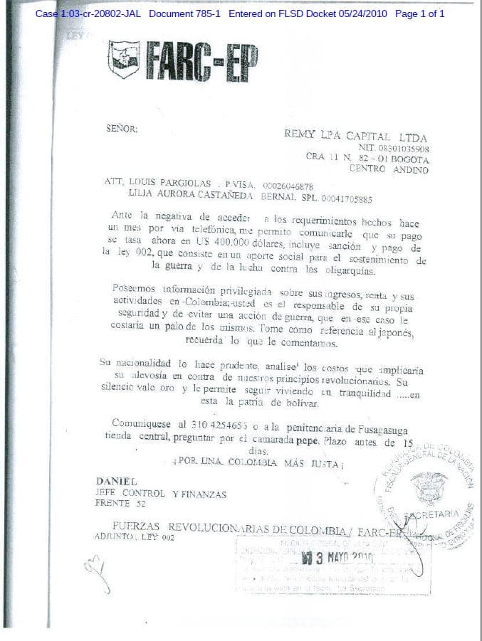 Pargiolas aportó esta supuesta carta de las FARC para justificar el pago del que se le acusaba en relación con un cargamento de drogas.