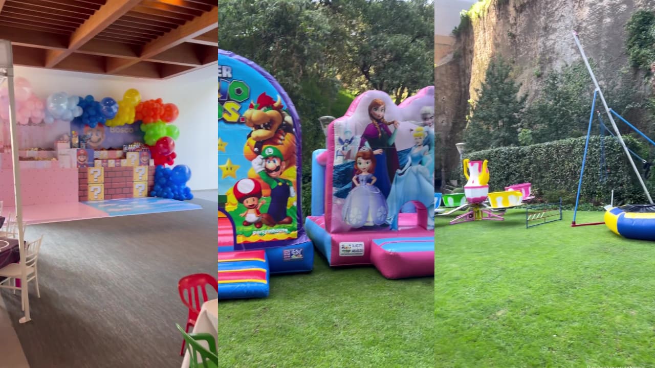 Inflables, juegos mecánicos y hasta botargas de Mario Bros, así fue la fiesta de los hijos de Brandon Peniche