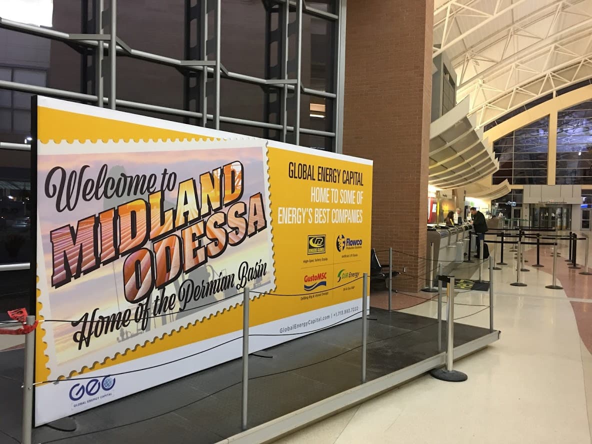 The welcome sign at Midland/Odessa airport in Texas, heart of the Permian Basin shale oil fields.