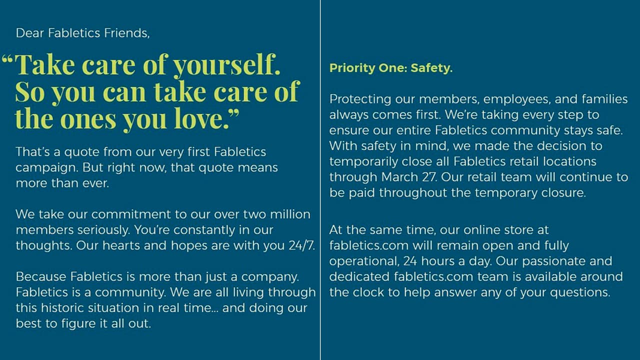 Fabletics cerró todas sus tiendas hasta el 27 de marzo, pero le pagará a sus empleados durante este cierre temporal.