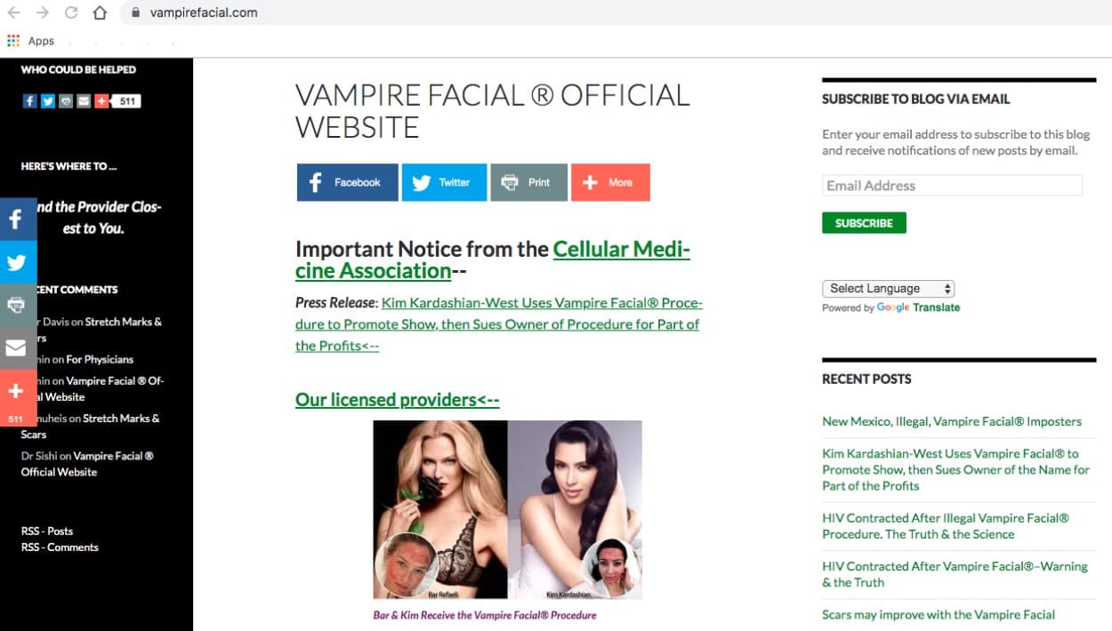 <b><a href="https://www.vampirefacial.com/" target="_blank">En el sitio web del doctor Runel</a></b> todavía se puede ver la imagen de Kim Kardashian junto a una foto similar de la modelo israelí Bar Refaeli, recibiendo el tratamiento.