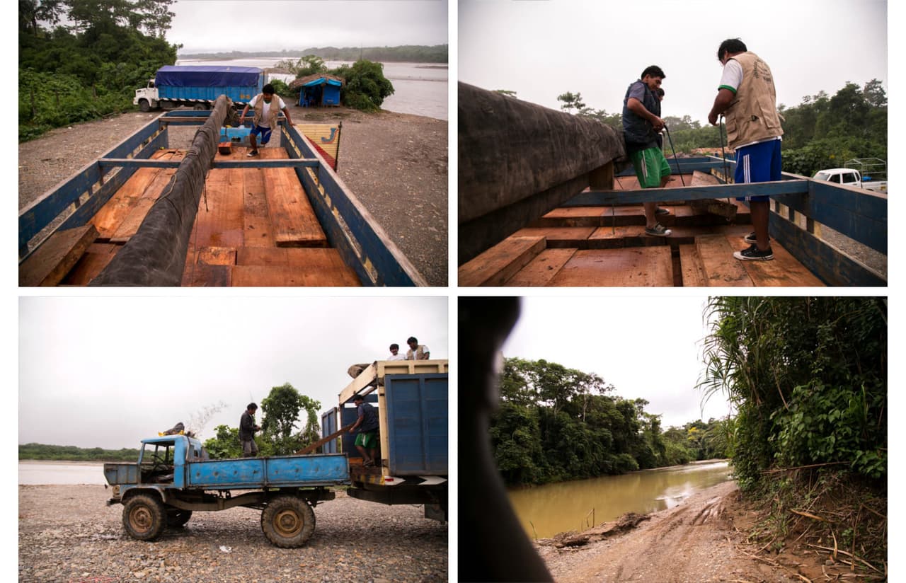 Un cargamento de madera llega al puerto instalado en la comunidad de Shipetiari para ser trasladado por río a otra ciudad de Madre de Dios.