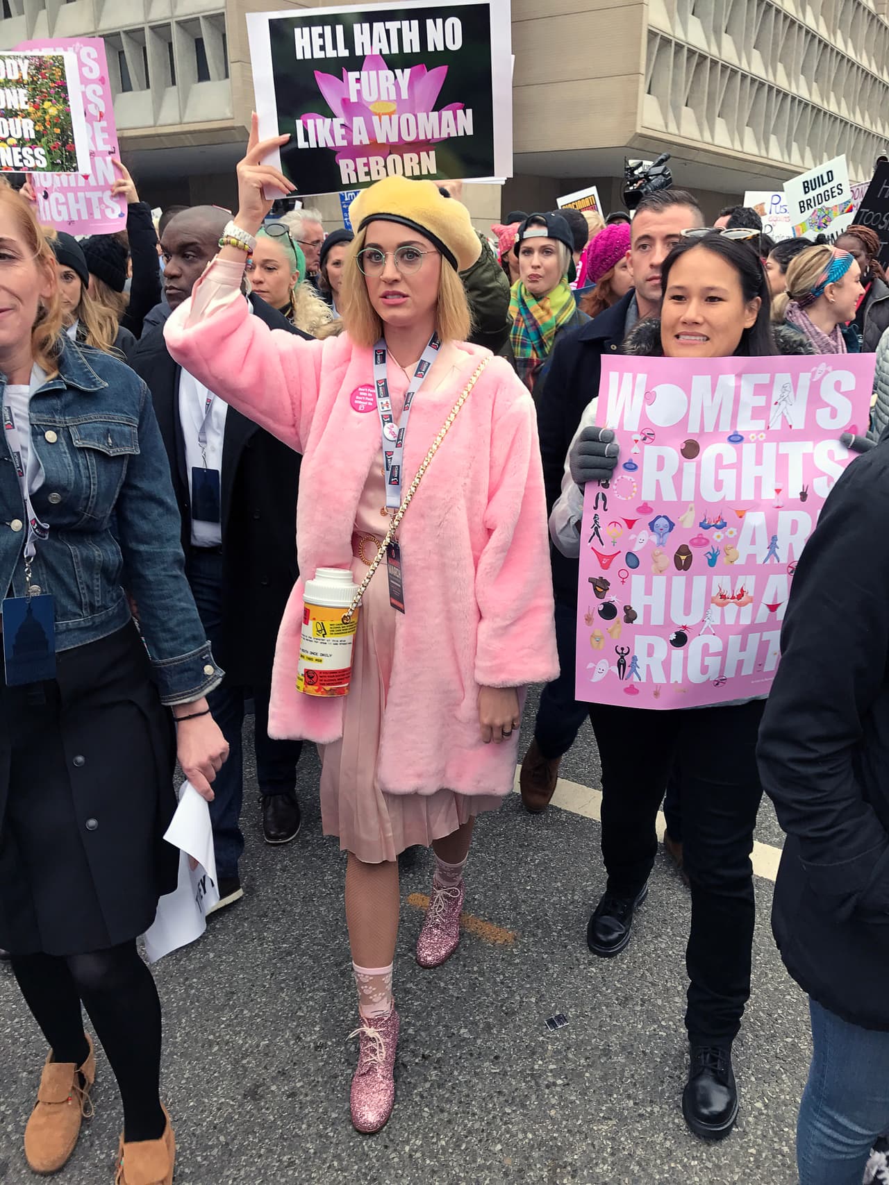 Katy Perry se puso una peluca rubia y gafas para protestar en la Marcha de las Mujeres de D.C. en enero de 2017.