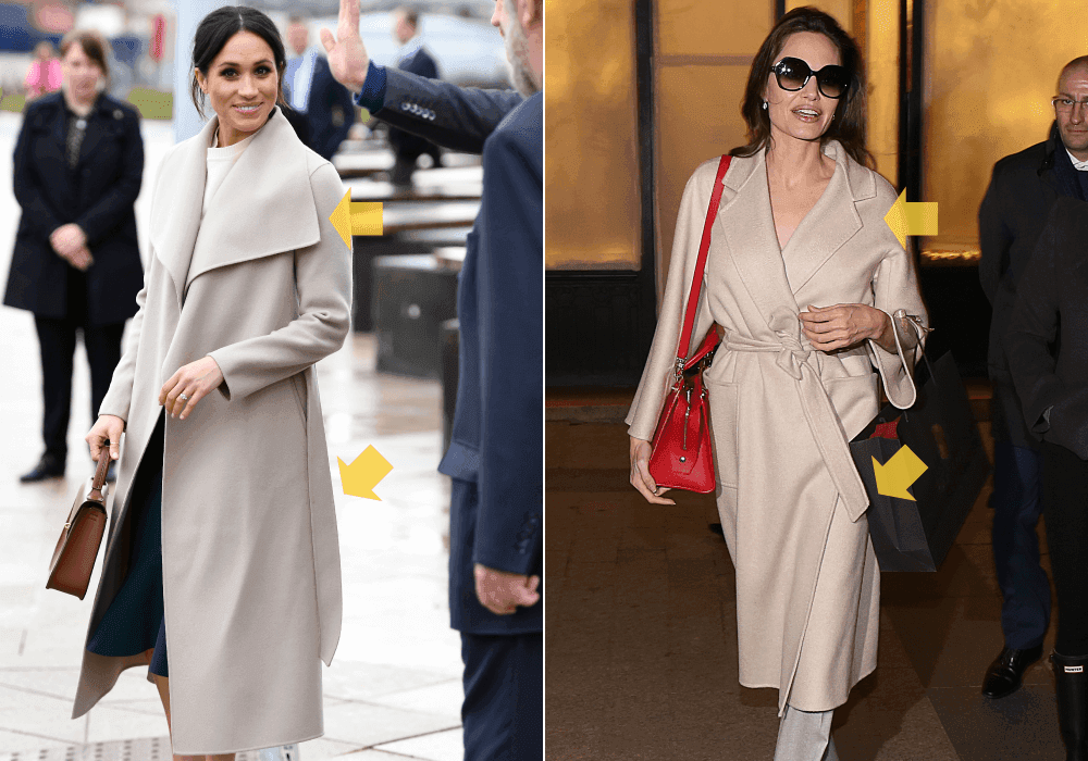 <b>PIEZAS OVERSIZE: Angelina ene 2018 / Meghan mar 2018</b>
<br>Una de las marcas registradas de Angelina es el uso de poderosas piezas sartoriales de elegancia clásica, como este abrigo de cashmere de la marca italiana Max Mara ligeramente oversize y atado a la cintura. Muy parecido a la pieza de Mackage que llevó Meghan para
<a href="https://www.univision.com/entretenimiento/realeza/todos-y-cada-uno-de-los-outfits-de-meghan-desde-que-empezo-a-coderase-con-la-realeza-fotos">su primer viaje a Belfast</a> y que quedó como uno de sus outfits de sencilla elegancia casual.
<br>
