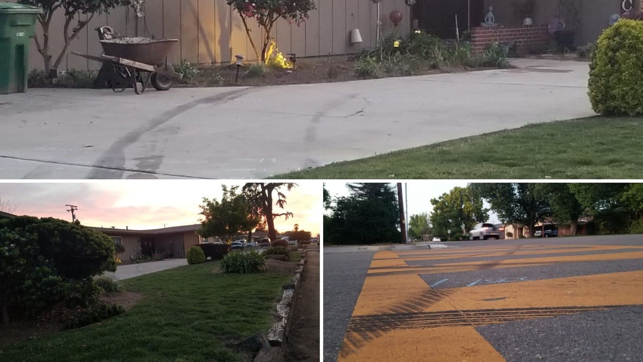 En el patio se observan las marcas de las llantas de la camioneta que mató a Minerva Camacho en Sanger.