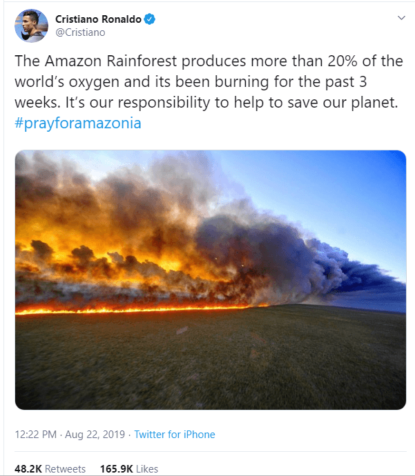 De igual forma, el astro portugue´s redactó un tuit con datos sobre las consecuencias de dichos incendios.