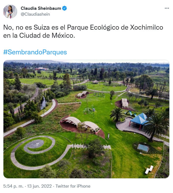 Sheinbaum hizo esta publicación el 13 de junio, haciendo una comparación del Parque Ecológico de Xochimilco con los escenarios naturales de Suiza.
<br>