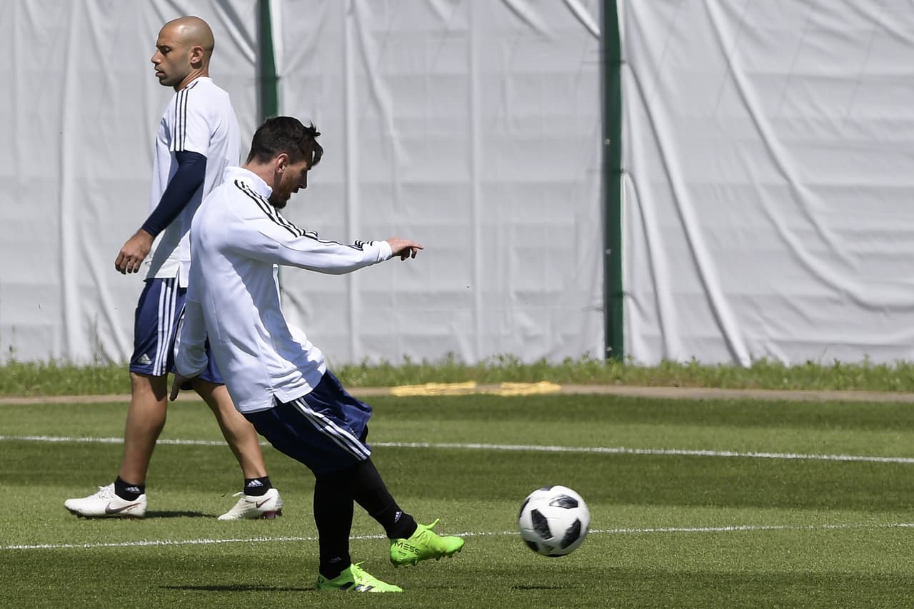 Argentina's forward Lionel Messi kicks a ball during a training session at the team's base camp in Bronnitsy, near Moscow, Russia on June 15, 2018 on the eve of their Russia 2018 World Cup Group D football match against Iceland. (Photo by JUAN MABROMATA / AFP) (Photo credit should read JUAN MABROMATA/AFP/Getty Images)