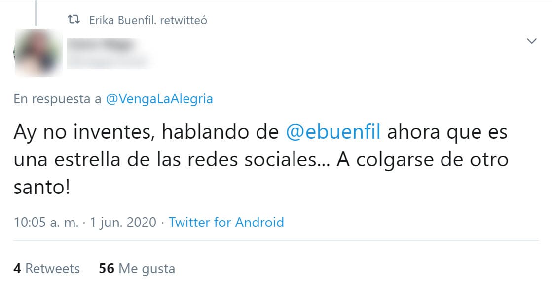 "Ay no inventes, hablando de Erika Buenfil ahora que es una estrella de las redes sociales... 
<b>¡A colgarse de otro santo!</b>", se lee en el mensaje que la actriz compartió. 
<br>