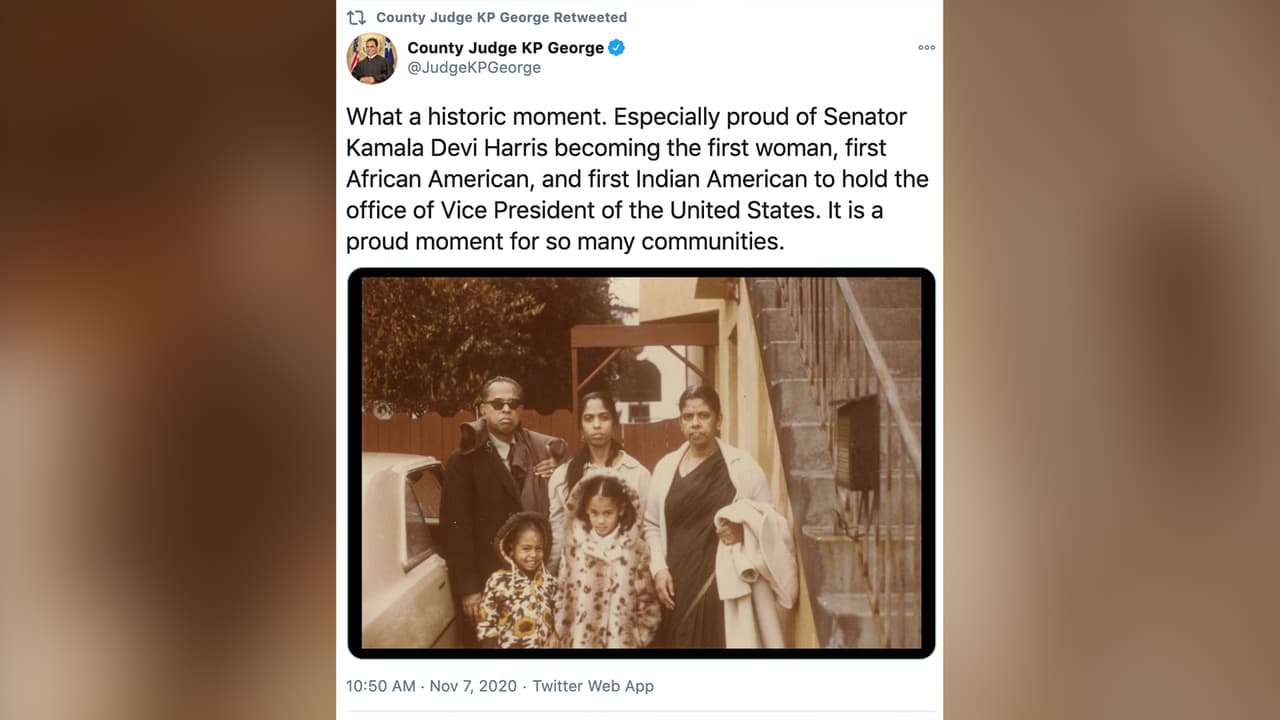 "Qué momento histórico", indicó el juez del condado Fort Bend KP George a través de una 
<b><a href="https://twitter.com/JudgeKPGeorge/status/1325118398297149440" target="_blank">publicación en Twttter</a></b>.