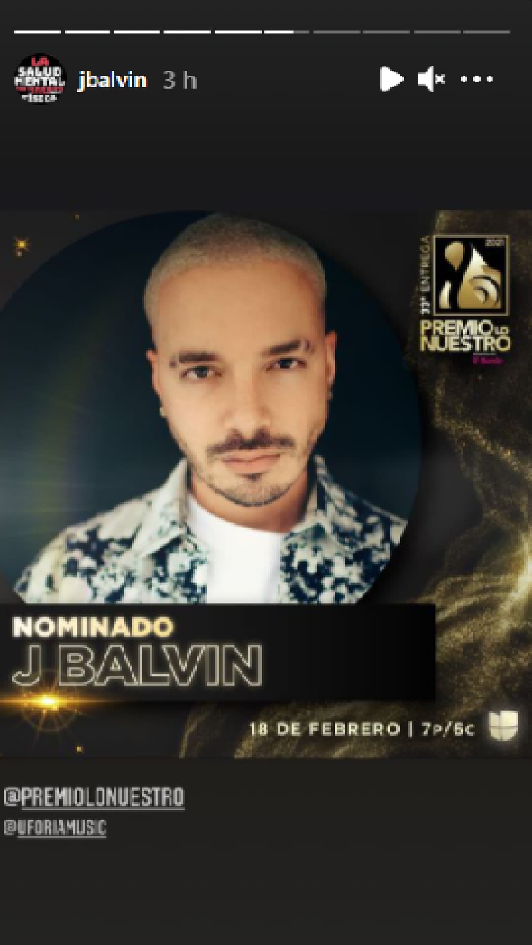 J Balvin, el artista con más nominaciones este año, dio repost en sus historias a la publicación de Instagram de Premio Lo Nuestro, así como a la historia de uno de sus amigos que hizo un recuento de las 14 categorías en las que compite.