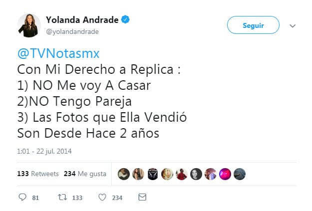 Por medio de Twitter, la conductora sinaloense negó la información y aclaró que las fotos publicadas por la revista eran de dos años atrás. Además, en entrevista para 
<a href="https://peopleenespanol.com/article/yolanda-andrade-niega-que-se-vaya-casar-con-otra-mujer-en-diciembre/" target="_blank">People en Español</a>, dijo: "No me voy a casar porque no hay una relación. A esa chava hace como un año y medio que no la veo, obviamente, estuvo en el tren de mi vida en algún momento, pero fue hace mucho tiempo".