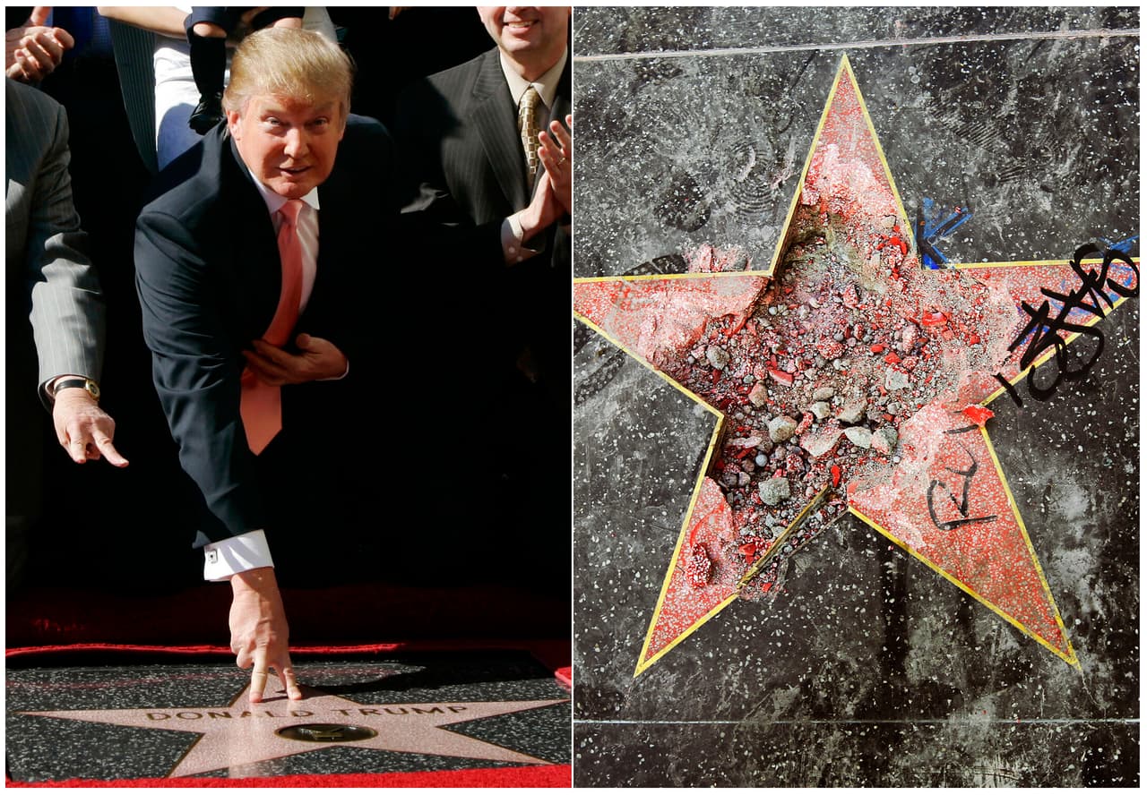 Austin Mikel Clay, autor del acto vandálico, 
<a href="https://www.univision.com/los-angeles/kmex/noticias/vandalismo/en-fotos-asi-quedo-la-estrella-de-trump-en-el-paseo-de-la-fama-de-hollywood-tras-ser-vandalizada-fotos">se entregó a las autoridades y salió libre bajo fianza</a>. A la izquierda de la imagen, el momento en que fue instalada la estrella en 2007, cuando Donald Trump era el conductor de el programa The Apprentice. A la derecha después del ataque de Clay en 2018.