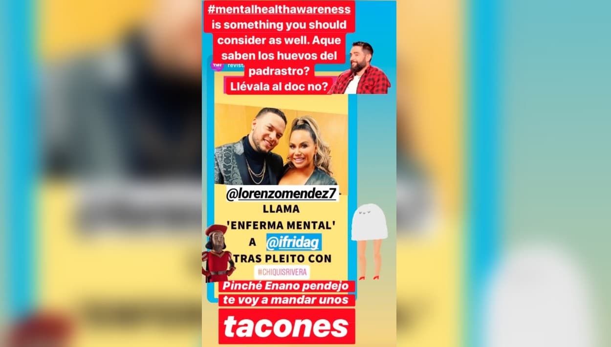 Una publicación destacó el mensaje de Lorenzo Méndez y esta fue la respuesta de Frida Sofía, quien además de llamarlo 
<b>"enano" y "pendejo"</b>, le pidió que llevara al médico a Chiquis Rivera para que hablara de 
<b><a href="https://www.univision.com/entretenimiento/chiquis-rivera-habla-de-esteban-loaiza-y-revela-si-le-fue-infiel-a-lorenzo-mendez">su presunta relación con su padrastro, Esteban Loaiza</a></b>.