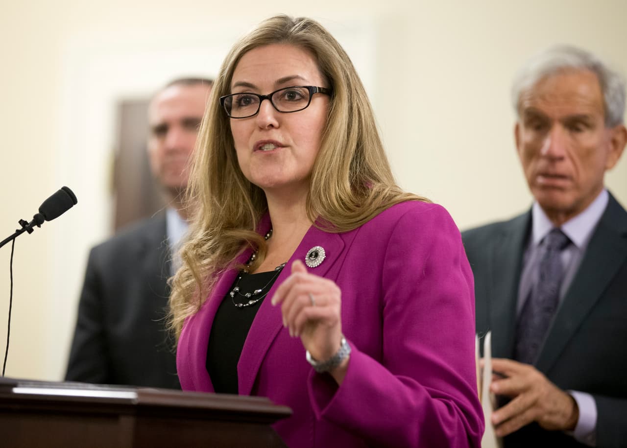 State Sen. Jennifer Wexton, D-Loudoun, gestures during a news conference by the Senate Democratic caucus at the Capitol in Richmond, Va., Thursday, Jan. 14, 2016. (AP Photo/Steve Helber)