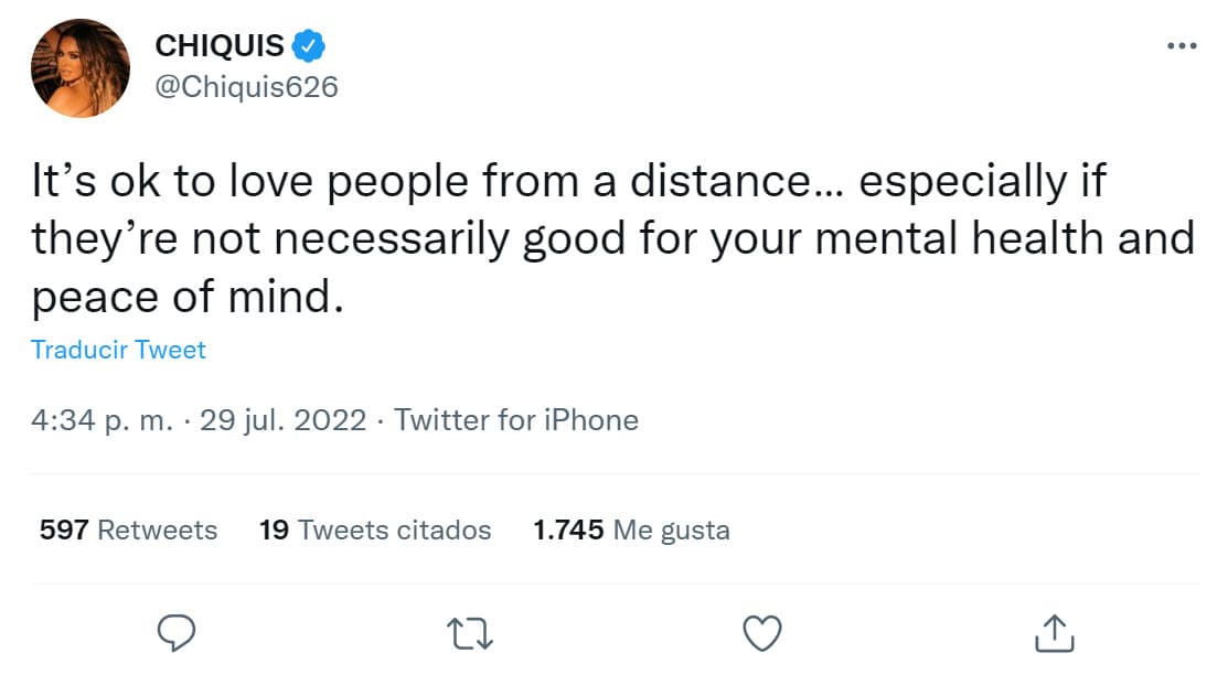 Parece que el mensaje habría llegado a oídos de Chiquis, pues este fin de semana ha lanzado varios tuits que arremeten contra las personas que "
<b>no son necesariamente buenas para tu salud mental </b>y tu tranquilidad"
<b>.</b>
<br>