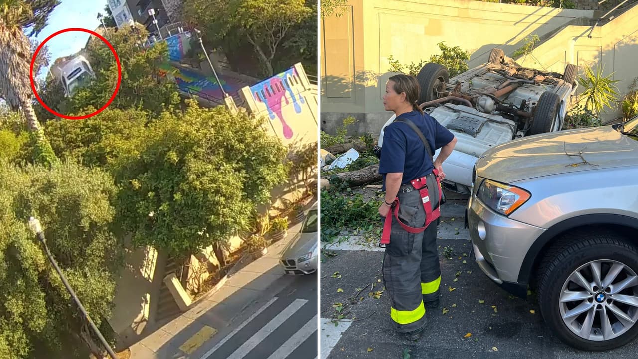Podría ser robado el auto que volcó sobre escalinata peatonal en San Francisco