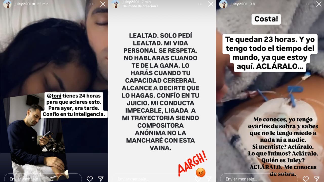 Estos son la serie de mensajes en los que Juley Mejía le exige a Toni Costa "aclarar" aparentemente el tipo de relación que habrían tenido.