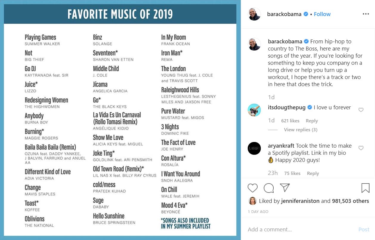 Con este mensaje anunció las 35 canciones que más le gustaron este año: "Desde hip-hop hasta country y The Boss, aquí están mis canciones del año. Si estás buscando algo que te haga compañía en un viaje largo o que te ayude a hacer ejercicio, espero que haya una o dos pistas aquí que funcionen".
<br>