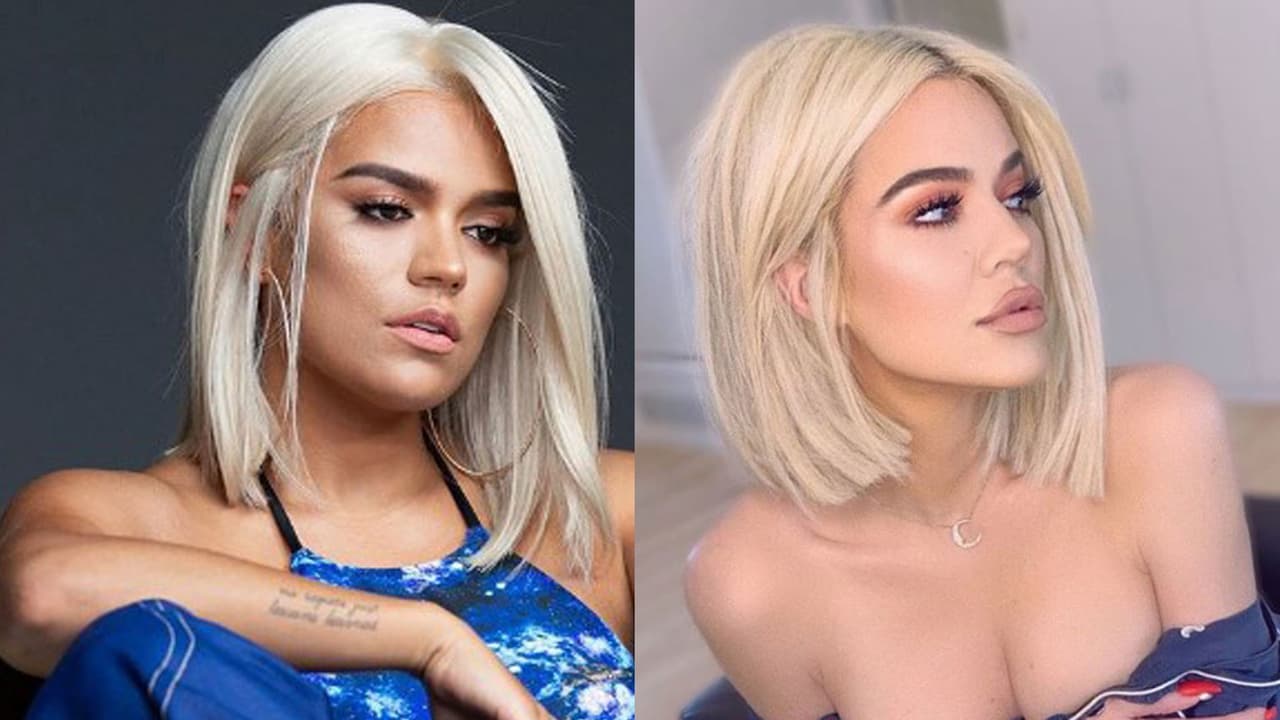 <b><a href="https://www.univision.com/especiales/premio-lo-nuestro/asi-de-divertido-es-un-dia-normal-con-karol-g">Karol G</a></b> (izquierda) y Khloe Kardashian (derecha) en una de las varias fotos que confirman su parecido.