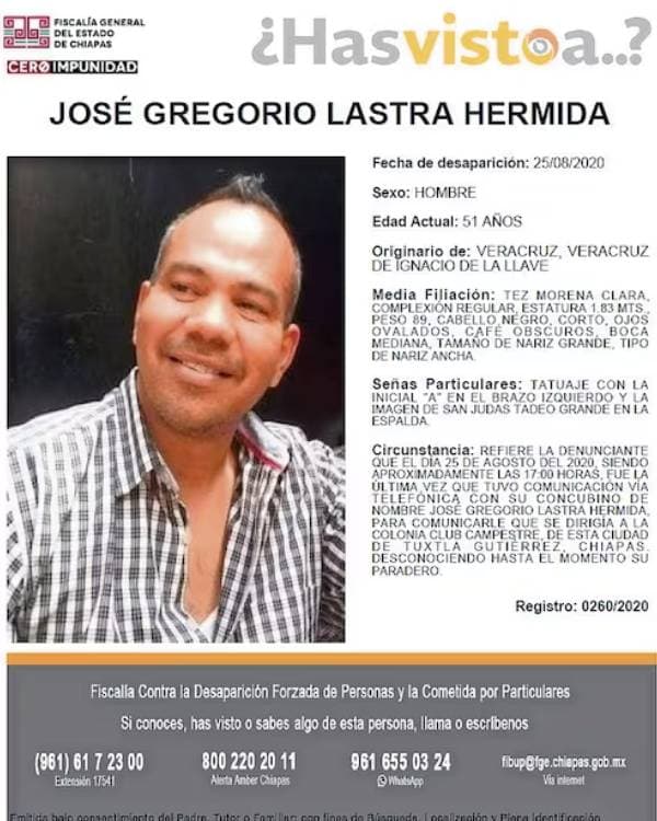 Ficha de búsqueda de José Gregorio Lastra Hermida por desaparición.