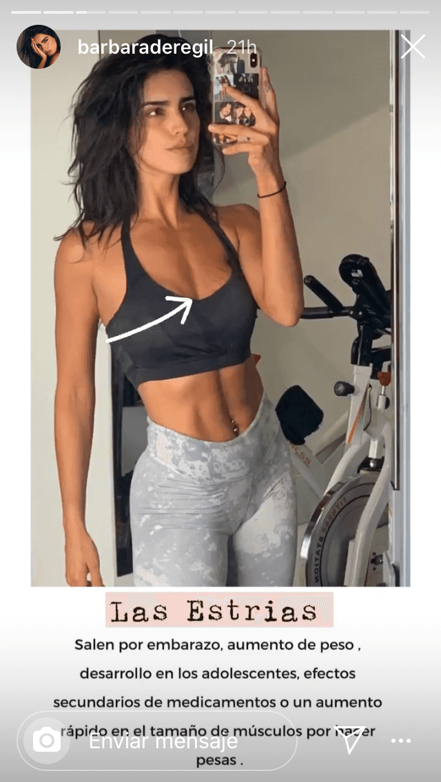 <b><a href="https://www.instagram.com/barbaraderegil/" target="_blank">En Instagram</a></b>, De Regil también alienta a las mujeres a aceptar su cuerpo. El pasado domingo 5 de enero publicó esta foto en la que 
<b><a href="https://www.univision.com/famosos/barbara-de-regil-asegura-que-no-quiere-que-la-gente-sienta-envidia-de-ella-video" target="_blank">mostró sus estrías</a></b> y escribió que éstas aparecen por "efectos secundarios de medicamentos o un aumento rápido en el tamaño de músculos por hacer pesas".