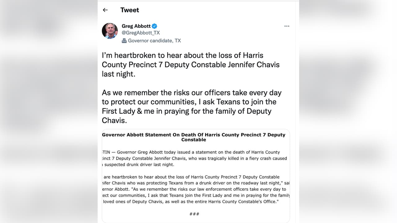 "Estamos desconsolados por la pérdida de la agente del precinto 7 del condado de Harris, Jennifer Chavis, quien anoche estaba protegiendo a los tejanos de un conductor ebrio en la carretera. Mientras recordamos los riesgos que nuestros agentes del orden público corren todos los días para proteger a nuestras comunidades, les pido a los tejanos que se unan a la Primera Dama y a mí para orar por la familia y los seres queridos de la oficial Chavis, así como por toda la oficina del sheriff del condado Harris", señaló el gobernador de Texas, Greg Abbott.
